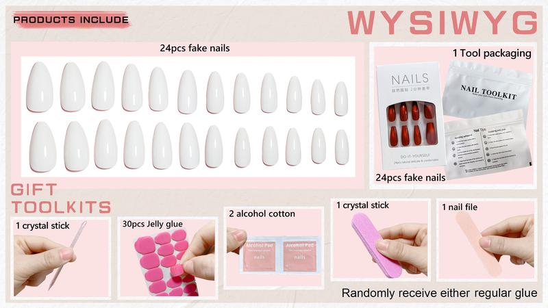 Fashion Solid Color Press-on Nails, Almond Shape • White, Pollen Ice Translucent, Mirror Gold, Rose Gold • Simple & High-end Look, 24pcs