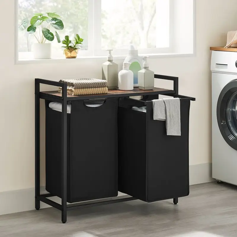 SONGMICS VASAGLE Modern Laundry Sorting Basket for Bathroom, Home Organizer - Rectangle, Top Shelf, Pull-Out Bag, Antitip Wall Mount, 2 x Anti-Tip Devices, MDF+Oxford, 1 Compartment (19.7x13x28.4in), 2 Compartments (28.8x13x28.4in)
