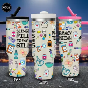 Pharmacy Technician Tumbler with Lid and Straw - 40oz Whimsical Illustration Winter Insulated Travel Mug - Perfect Gift for Women & Men, Ideal for Valentine’s Day, Birthday Present, Coffee Cup for Office