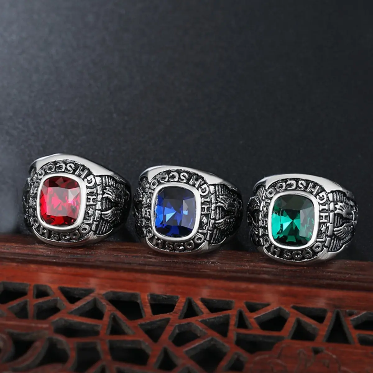 Men's Retro Punk Square Stainless Steel Stackable Ring - Double Eagle Design, 3-Sided Synthetic Zircon, Unique Stackable Rings, Costume Jewelry for Daily & Party Wearing, Unique Rings