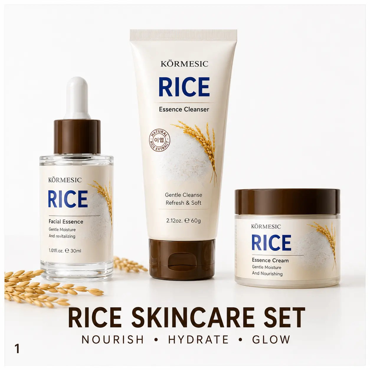 Rice-Based Korean Skincare Set - 3-Piece Deep Moisture Hydrating Kit with Cleanser, Essence Liquid, Face Cream for Morning Care, Women's Christmas Gifts