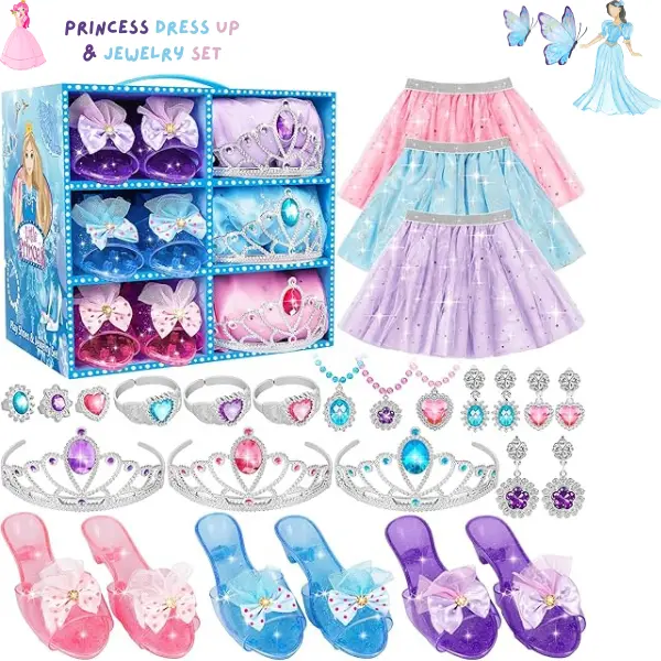 Princess Dress Up & Jewelry Set for Girls, Pretend Play Costume Set with Skirt, Princess Shoes, Crown & Accessories, Role Play Toys for Toddlers 3+, Birthday Gift