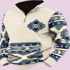 Mens Western Sweatshirt White Aztec 1/4 Zip Sweatshirt Mens Casual Vintage Graphic Denim Pullover Sweatshirt Long Sleeve Cotton Menswear Hoodie
