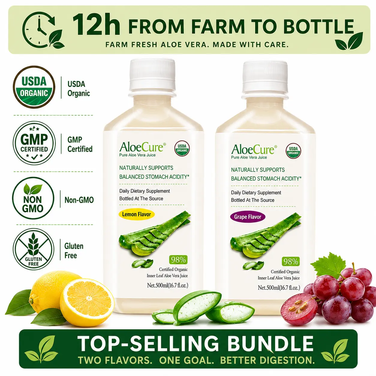 AloeCure Organic Aloe Vera Beverage - Aloin-Removed, Organic Aloe Grown on Certified Farms - 2-Bottle Sample Pack, Lemon & Grape Flavors - 2x500ml, Gluten Free, Dairy Free