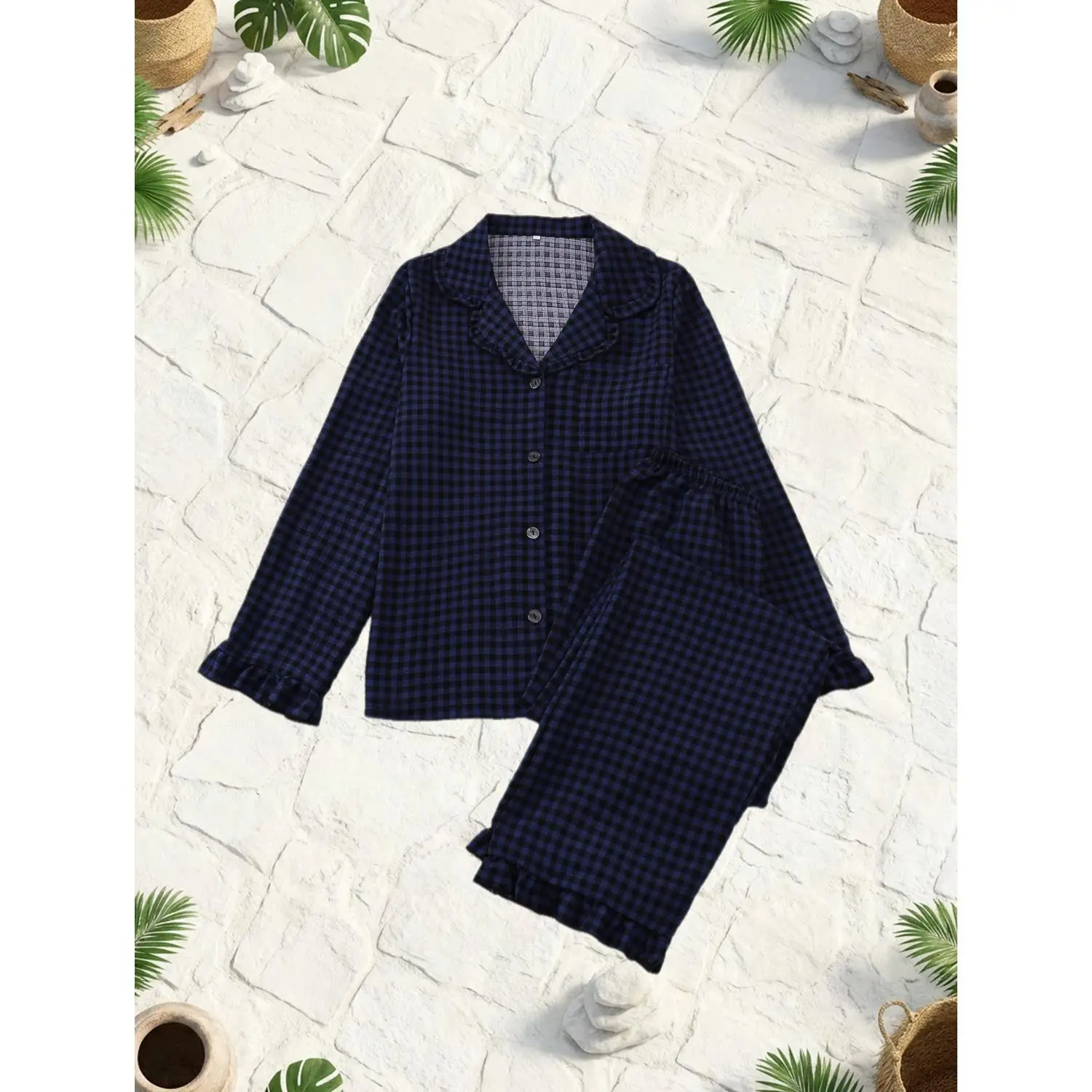 Blue Checkered Bubble Crepe Pajama Set - Ruched Long Sleeve Top & Pants, Romantic & Elegant Women's Loungewear with Button-Up Open Front Shirt and Ruffled Hem Casual Lapel