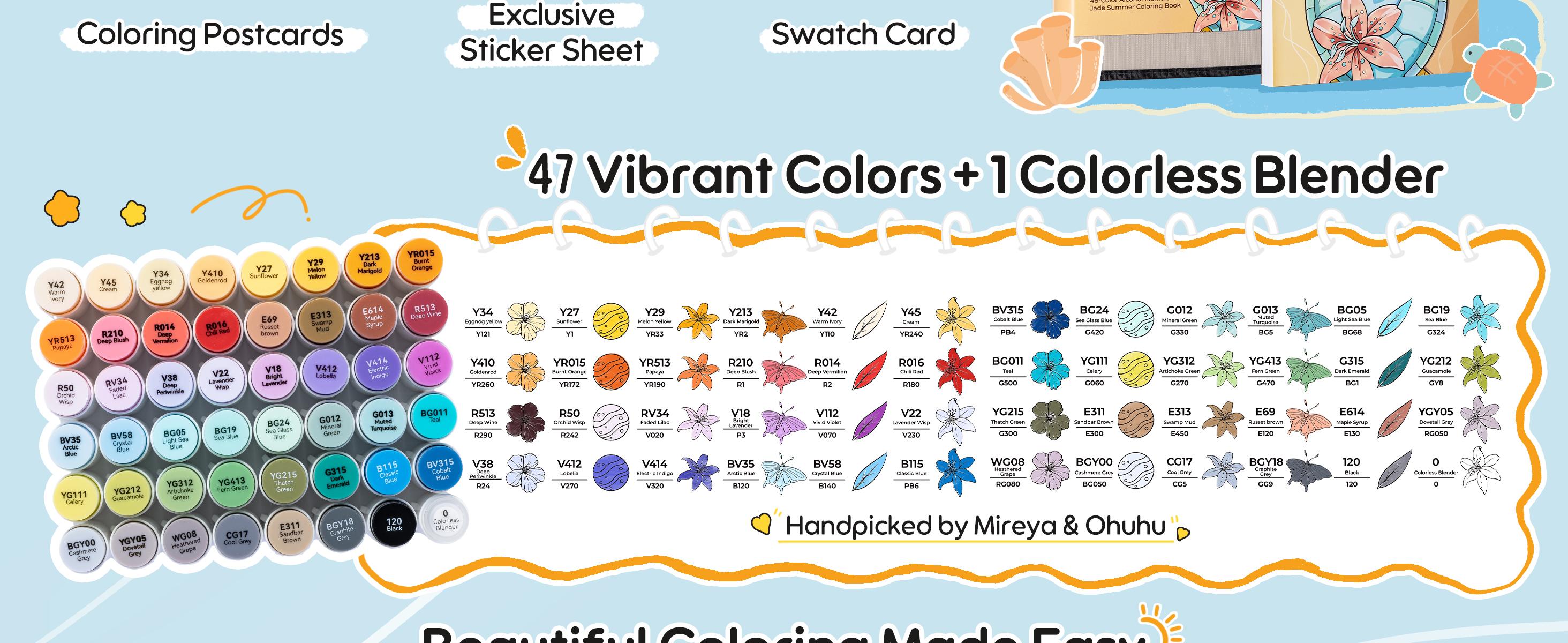 Ohuhu x Jade Summer Coloring Set: Brush & Fine Dual Tips - 47-Color - 47 Alcohol Markers & Coloring Book | Co-branded Coloring Kit,  Alcohol Markers Coloring Set for Stress Relief - Honolulu B Series of Ohuhu