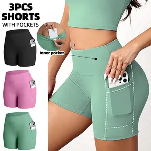 CHRLEISURE 3-Pack High-Waisted Biker Shorts with Pockets Inner And Side Pockets For Women Workout Yoga Running Gym Tennis Shorts