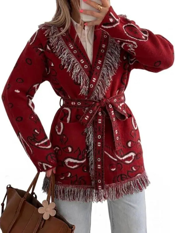 Tankaneo Women's Boho Knitwear Long-Sleeve Open-Front Top - Aztec Tribal Print, Fringes, Ribbed Knit, Fitted Fall Duster Sweater Coat, Longsleeves