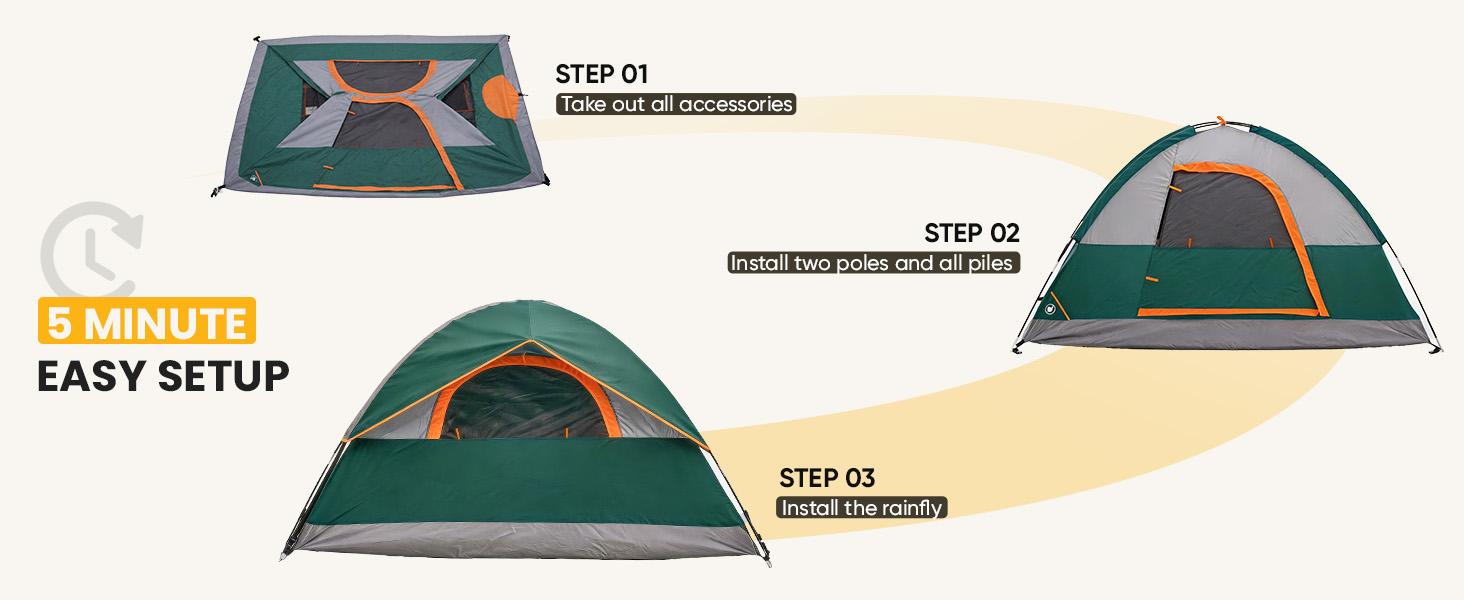 2/4 Person Waterproof Camping Tent with Rainfly, Easy Setup Dome Tent with Mesh Windows & Skylights, Lightweight Portable Tent for Outdoor Camping, Festivals & Backyard