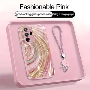 Luxury Rose Gold Swirl Phone Case with Flower Lanyard, Glitter Pink Art Aesthetic Cover for Galaxy Note20 Ultra 5G — 975