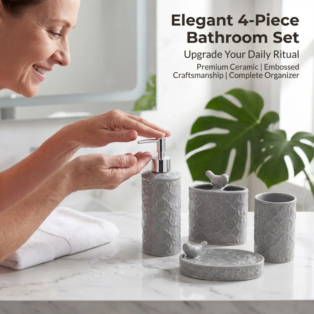 Minimalist 4-Piece Durable Ceramic Bathroom Accessories Set - Geometric Embossed Starburst Pattern, Slate Grey & Stone White - Includes Pump Soap Dispenser, Toothbrush Holder, Tumbler, Soap Dish, Smooth, Wipe