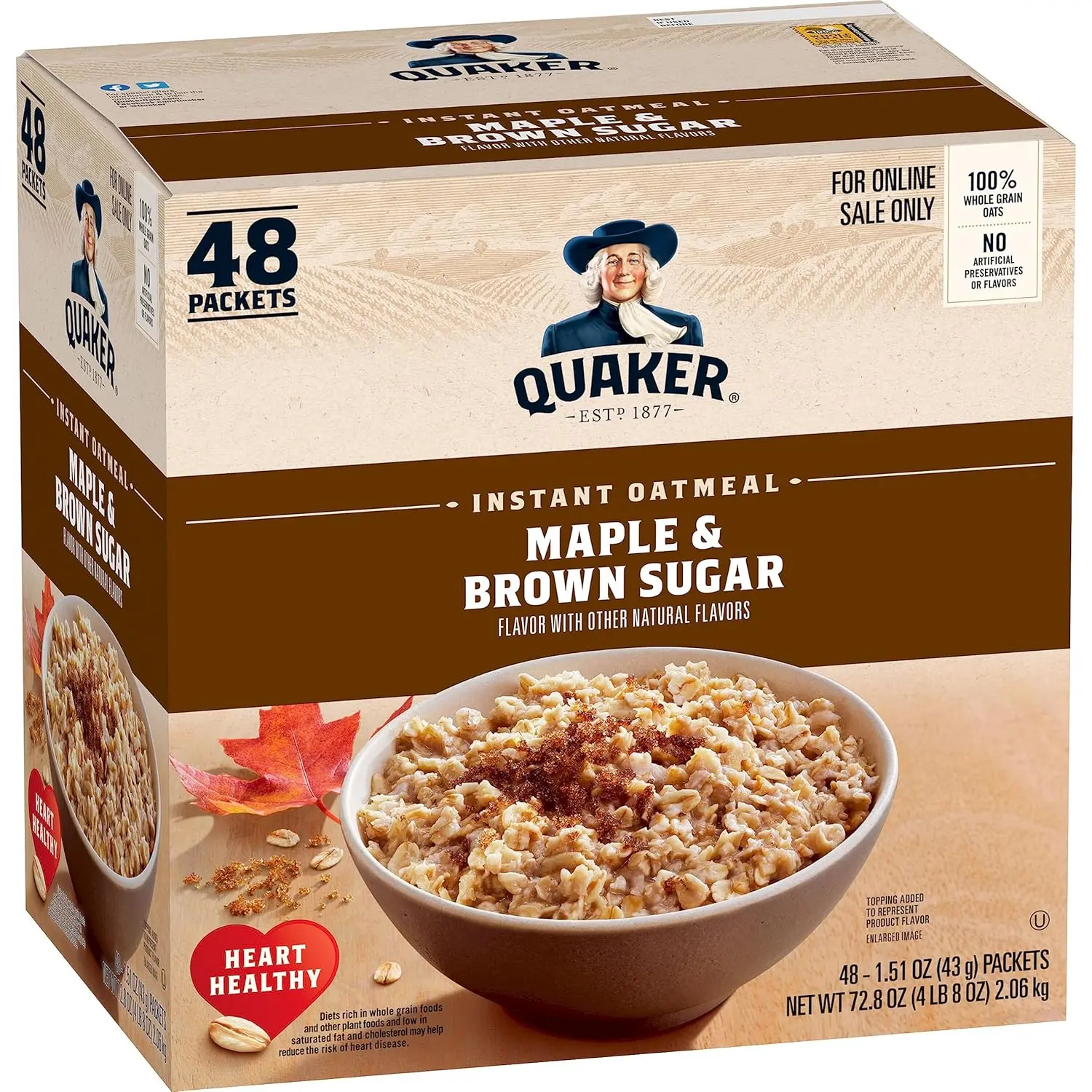 Quaker Instant Oatmeal - Maple & Brown Sugar Flavor, Individual 1.51 oz Packets (Pack of 48) Breakfast Cereal for Pantry Stocking