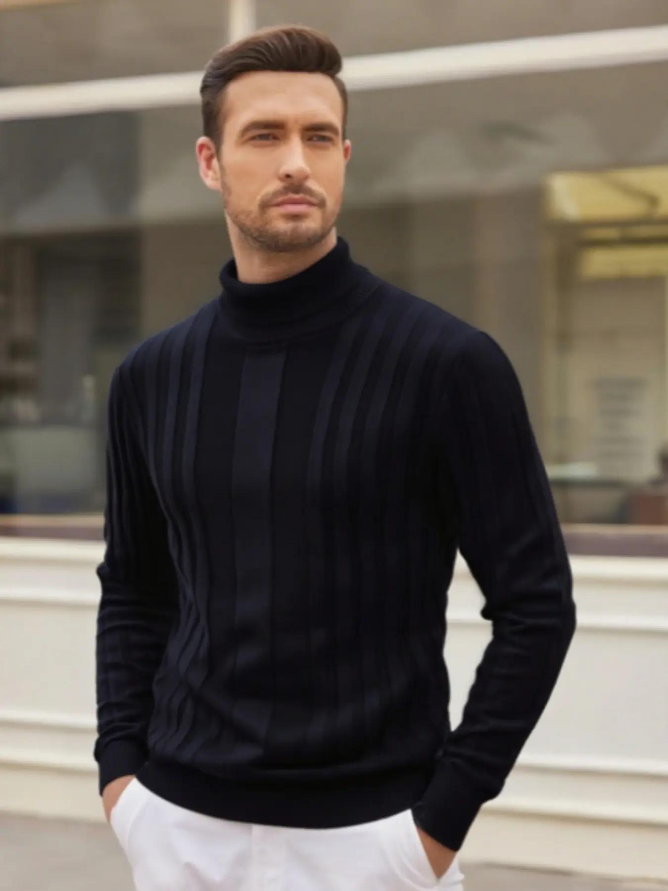Men's solid color turtleneck sweater, comfortable and warm Knit fabric, casual style, suitable for men's daily wear in autumn and winter, men' casual top.