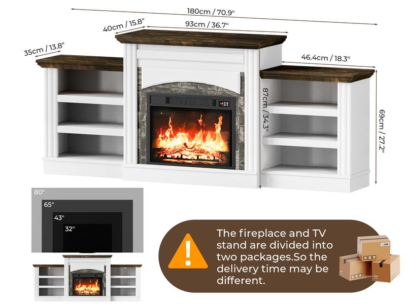 72‘’ Electric Fireplace with Mantel, Fireplace TV Stand for TVs Up to 80 Inch, Modern White Entertainment Center with Storage, with 23'' Fireplace Insert Heater for Living Room, Bedroom