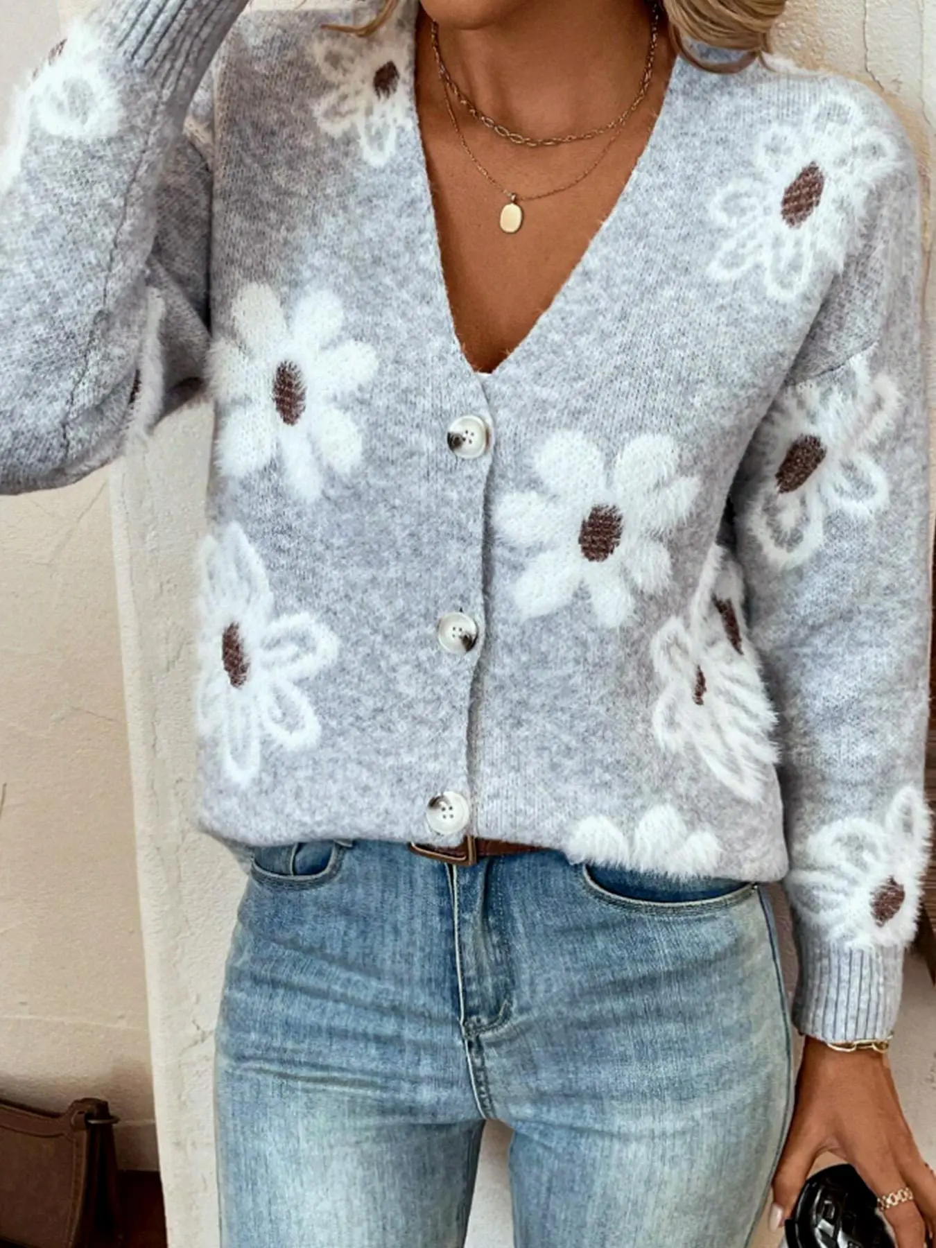 Floral Print Button Front Cardigan, Casual Drop Shoulder V Neck Knit Sweater, Fall Winter Women's Daily Wear, Loose-Fitting Comfortable Style