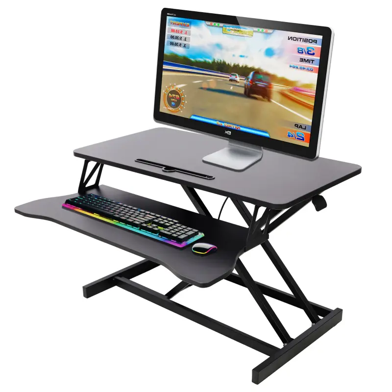 Black Height Adjustable Desk Converter - Sit-to-Stand Office Workstation with Keyboard Tray, Steel Construction, Gas Spring Lift, 31.50"l*17.00"w*19.6"h Size, 44 lbs Capacity