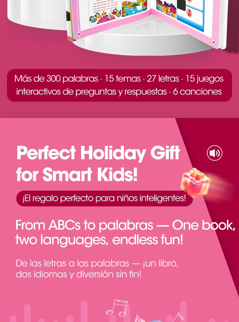 Interactive Talking Sound Picture Book for Kids , Spanish & English Bilingual, 300+ Words15 Themes6 Songs Q&A Learning Games, Screen-Free Preschool Educational Toy for Toddlers, Early Learning at Home & Travel, Valentines Day Gifts for Kids