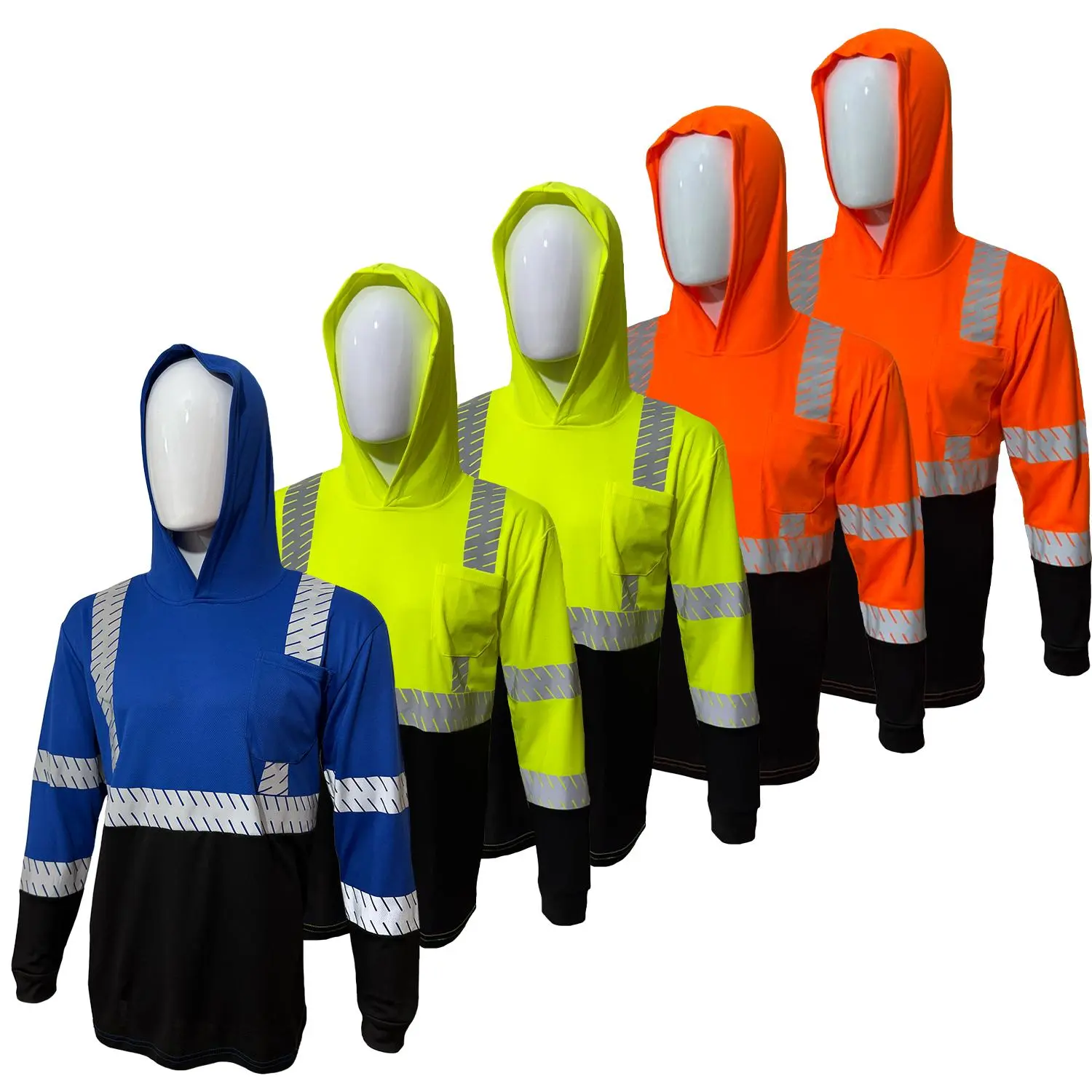 High Visibility Hoodie Long Sleeve Safety Shirt / Reflective Safety shirt with hoodie made with Light-weight birdeye mesh fabric available in various packs and  sizes
