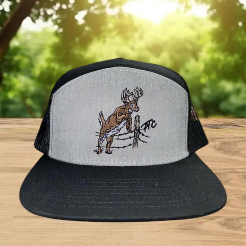 Whitetail Deer 7 Panel Hat | Fence Jump Embroidery Design | Bottomland Camo Flat Bill Trucker Cap | Hunting Mesh Snapback