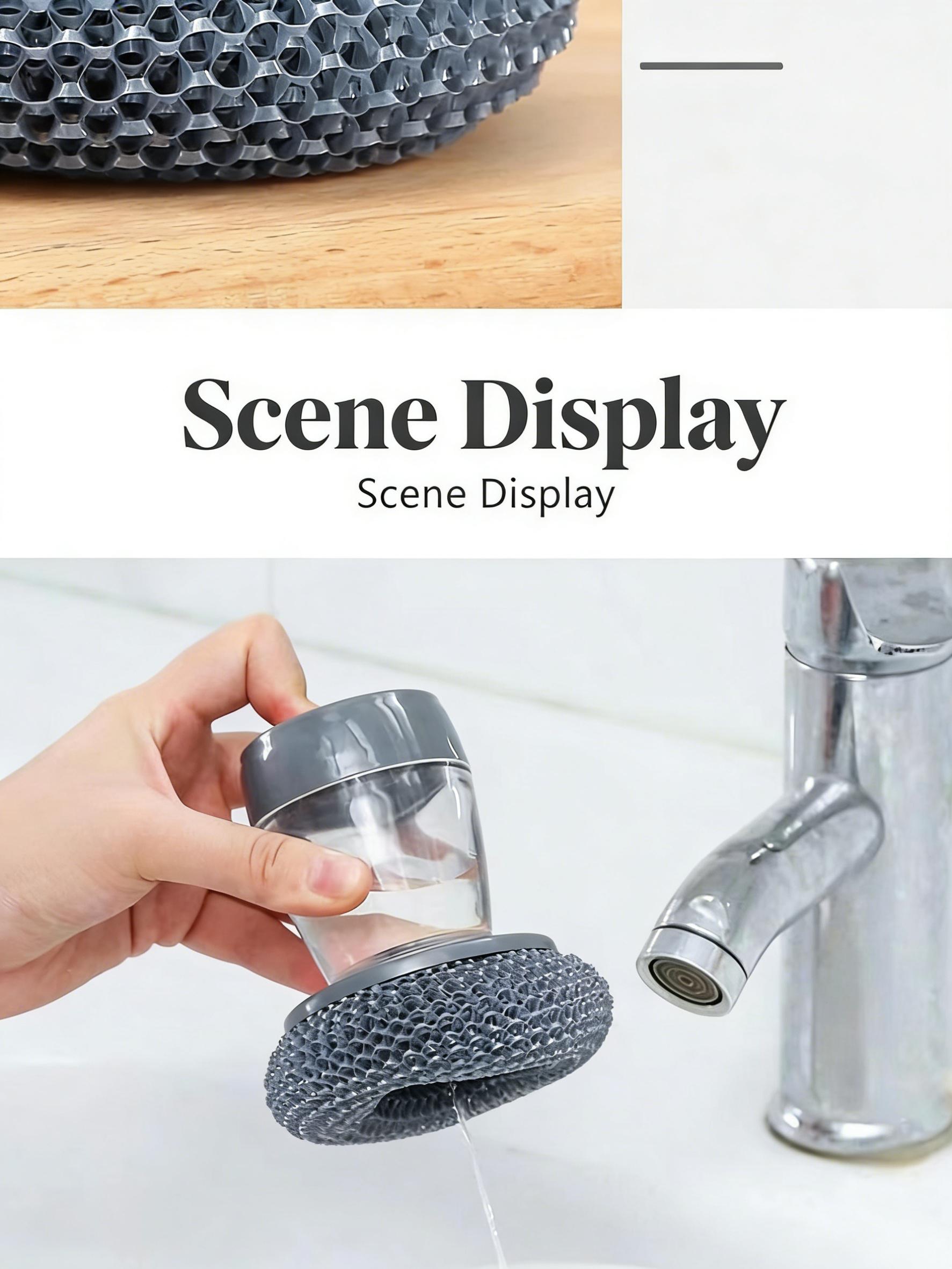 Comfort Handle Soap Dispensing Palm Brush - Automatic Liquid Release for Kitchen Sink Pot Bowl Deep Cleaning.