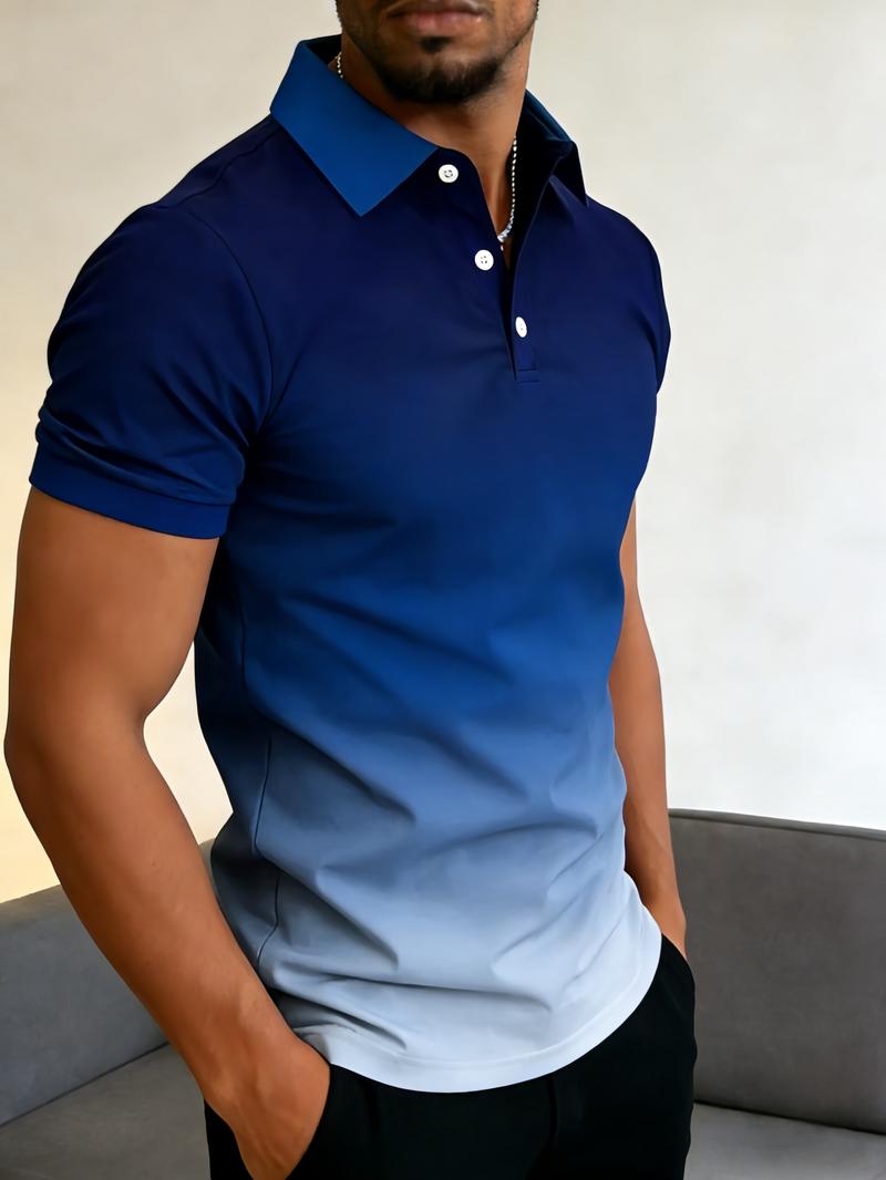 Men's fashion gradient polo shirt, short-sleeve with contrast collar, casual top, comfortable fabric, perfect choice for summer golf, beach, work, and everyday wear