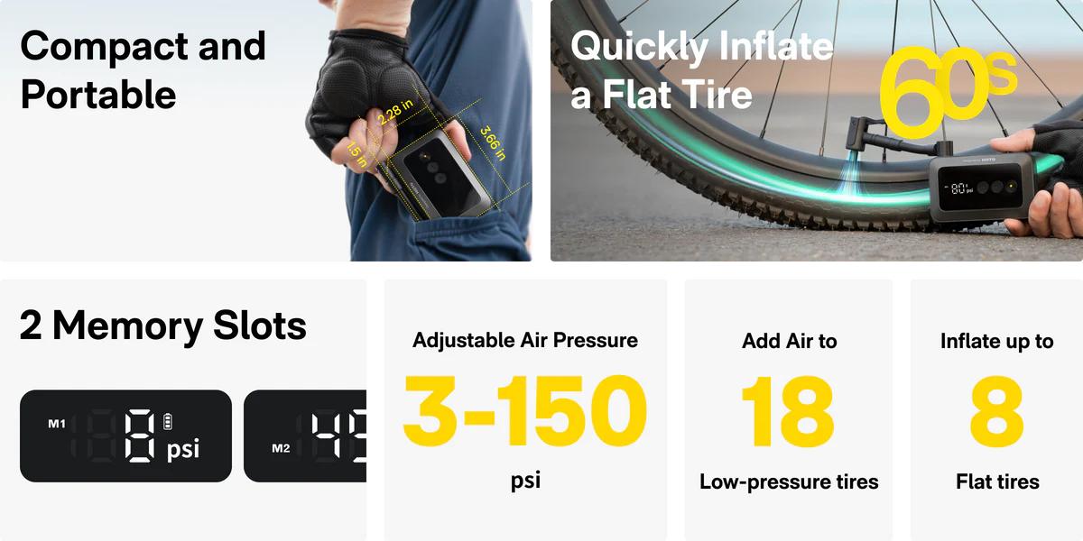 HOTO Mini Bike Tire Pump 25s Fast Inflate with Gauge 150PSI Portable Electric Air Pump for Road Motorcycle Mountain Bikes Wireless Outdoor Inflator motorcycle accessories