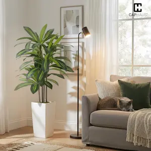 CAPHAUS Artificial Dracaena Tree 4FT 5FT 6FT – Fake Plant in Modern White Planter with Moss – Realistic Faux Floor Plant for Home Office Living Room Decor – Low Maintenance