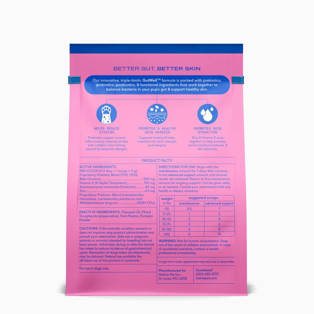 Native Pet GutWell Itchy Skin Relief for Dogs - Dog Allergy & Anti Itch Skin Irritation Treatment - Promotes Skin Hydration, Elasticity & Healthy Barrier with Triple-biotic Blend, Zinc, & Vitamin E