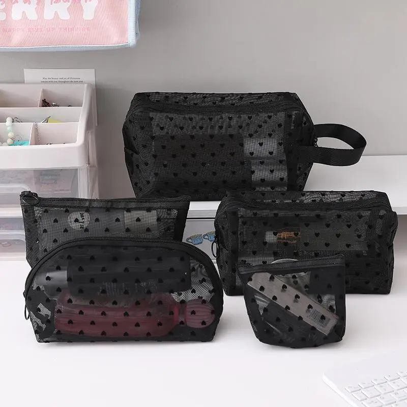 5pcs Nylon Mesh Cosmetic Bag Set, Heart-Shaped Zipper Toiletry Organizer, Multifunctional Makeup Pouch for Women, Lipstick Key Coin Purse |Playful Design|Durable Organizer zipper storage bag organizer
