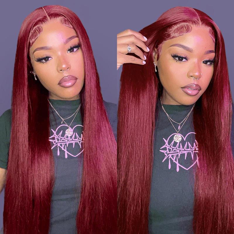 Pizazz Hair 13x4 HD Lace Front Wig Human Hair Wigs 99J Burgundy Straight Lace Frontal Human Hair Wigs with Pre-Plucked Natural Hairline