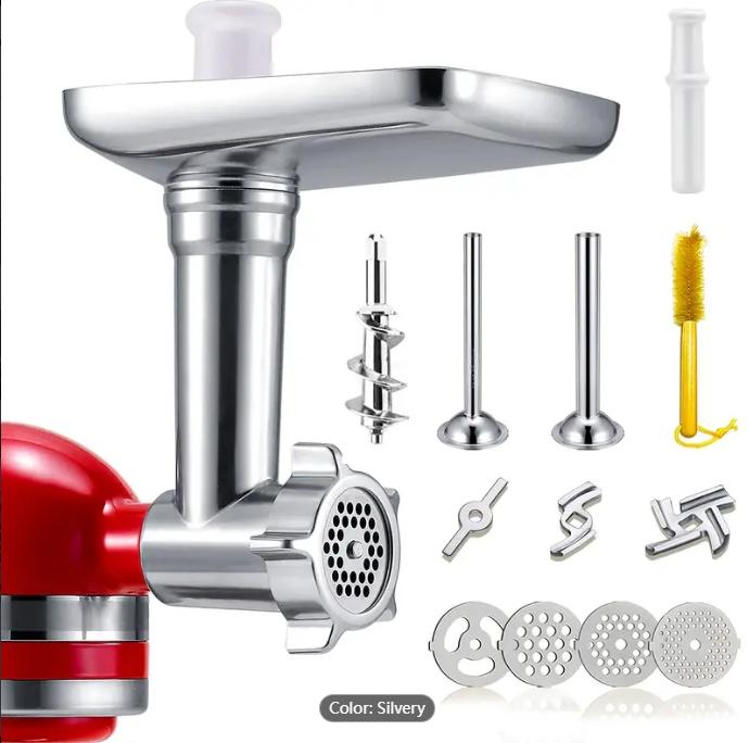 Metal Food Grinder Attachments For KitchenAid Stand Mixers, Meat Grinder, Sausage Stuffer, Perfect Attachment For KitchenAid Mixers, Silver (Machine/Mixer Not Included)