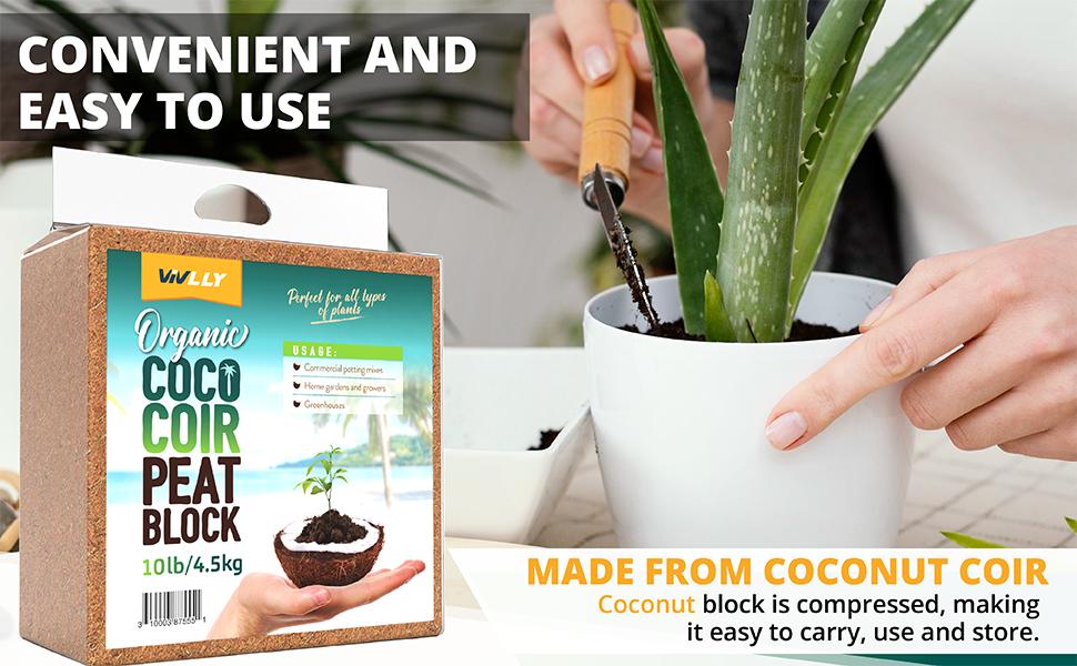 Vivlly Coconut Coco Coir Brick 10lb - Expands in Water Organic Potting Soil for Indoor Plants & More Premium pH-Adjusted Cocopeat Peat Ph Balance - Garden