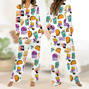 Taco Bell Short Satin Pajamas, Fast Food Print Sleepwear Set for Women, Silky Lounge Outfit, Fun Pajama Shorts, Taco Bell Fan Gifts