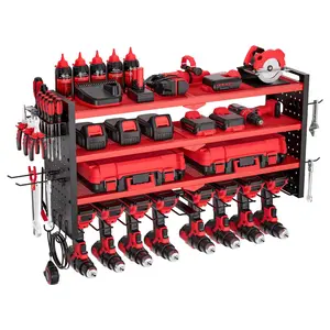 Power Tool Organizer Wall Mount, 4-Layer Storage Rack With 8 Drill Holders, Tools Holder And Storage Rack With Side Pegboards, Garage Tool Organizer For Garage, Workbench, Workshop, Heavy Duty Wall Mounted Storage System