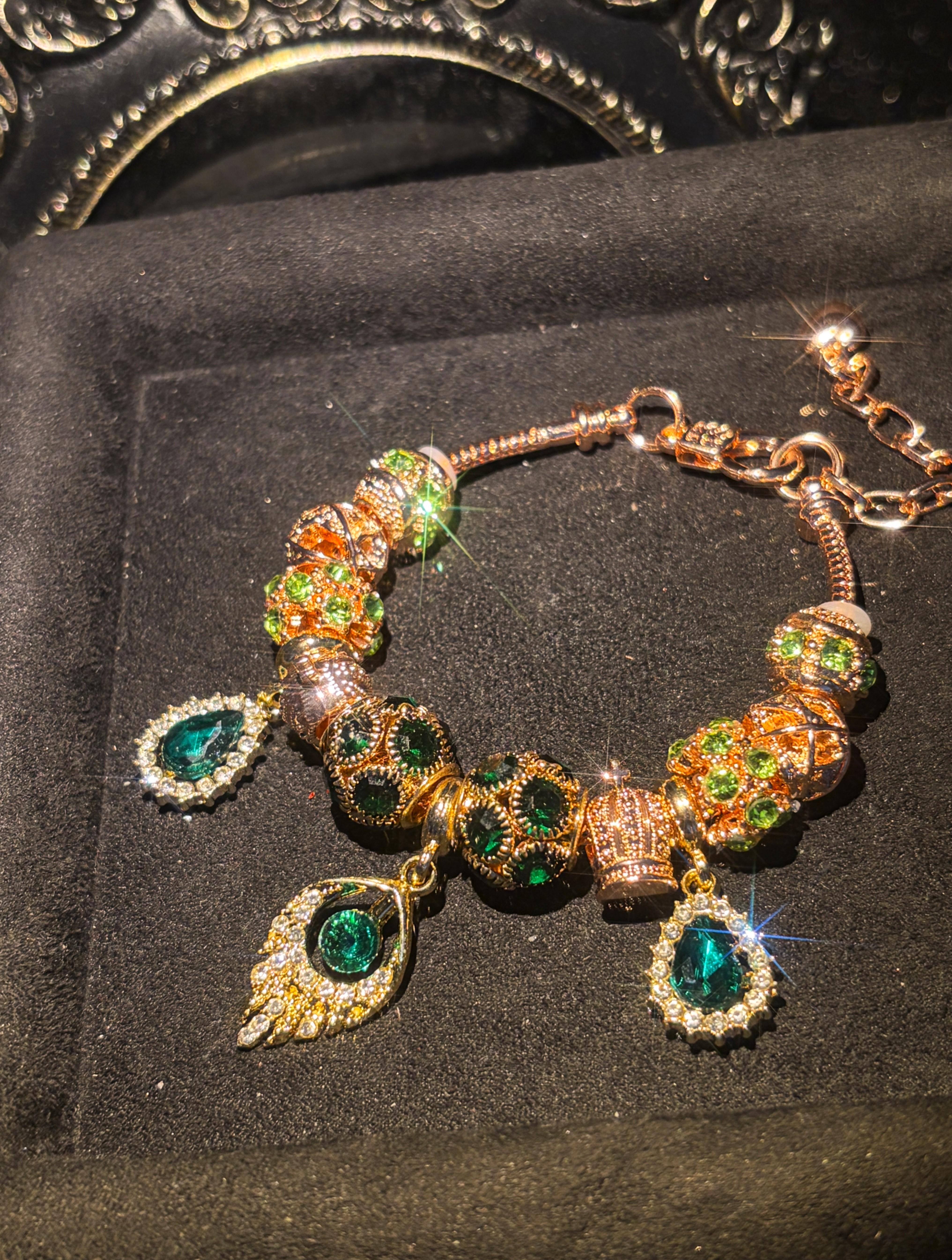 Women's Peacock Feather Charm Bracelet - Rose Gold-Tone Chain, Sparkling Green Crystal Beads, Vintage Elegant Costume Jewelry Gift