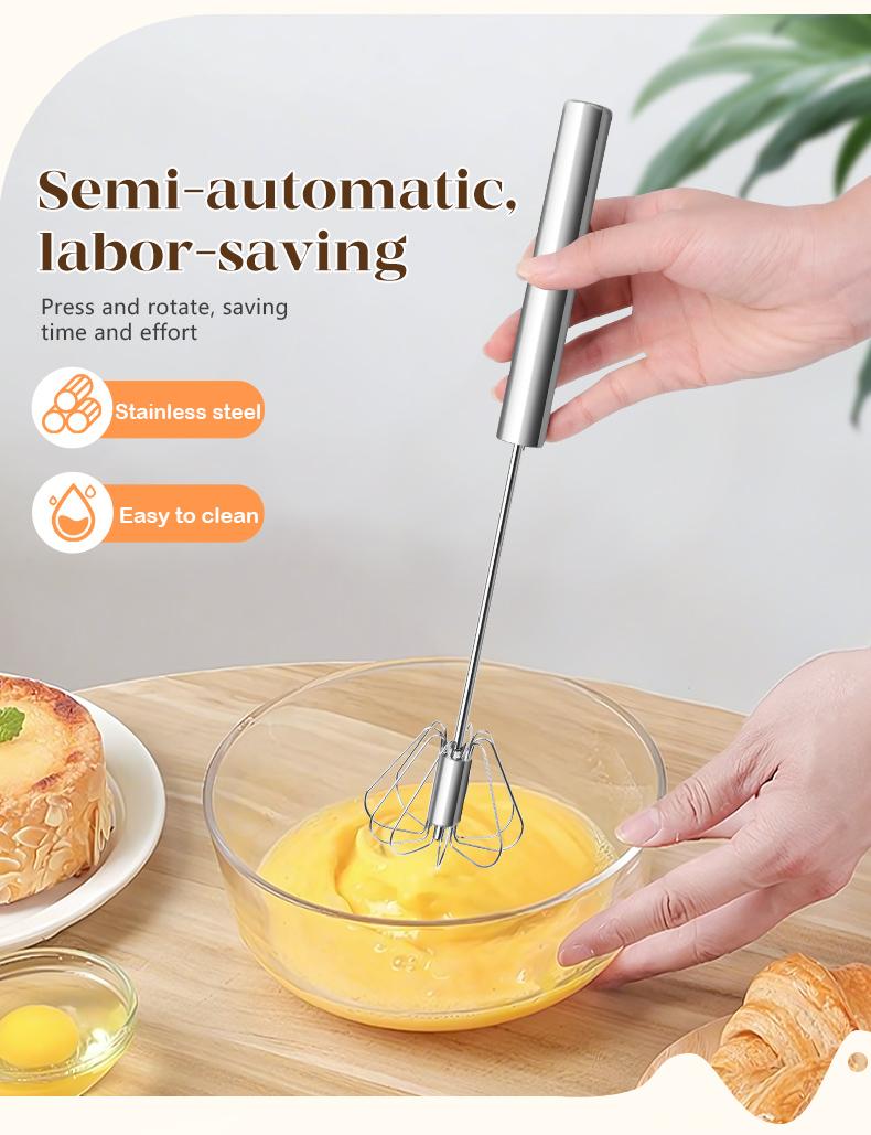 QQ Stainless Steel Hand-Push Rotary Whisk, Food-Grade Rust-Resistant Kitchen Utensil with Sturdy Riveted Construction, Semi-Automatic Design for Coffee, Egg Whisking and Cooking Tasks, Easy to Clean