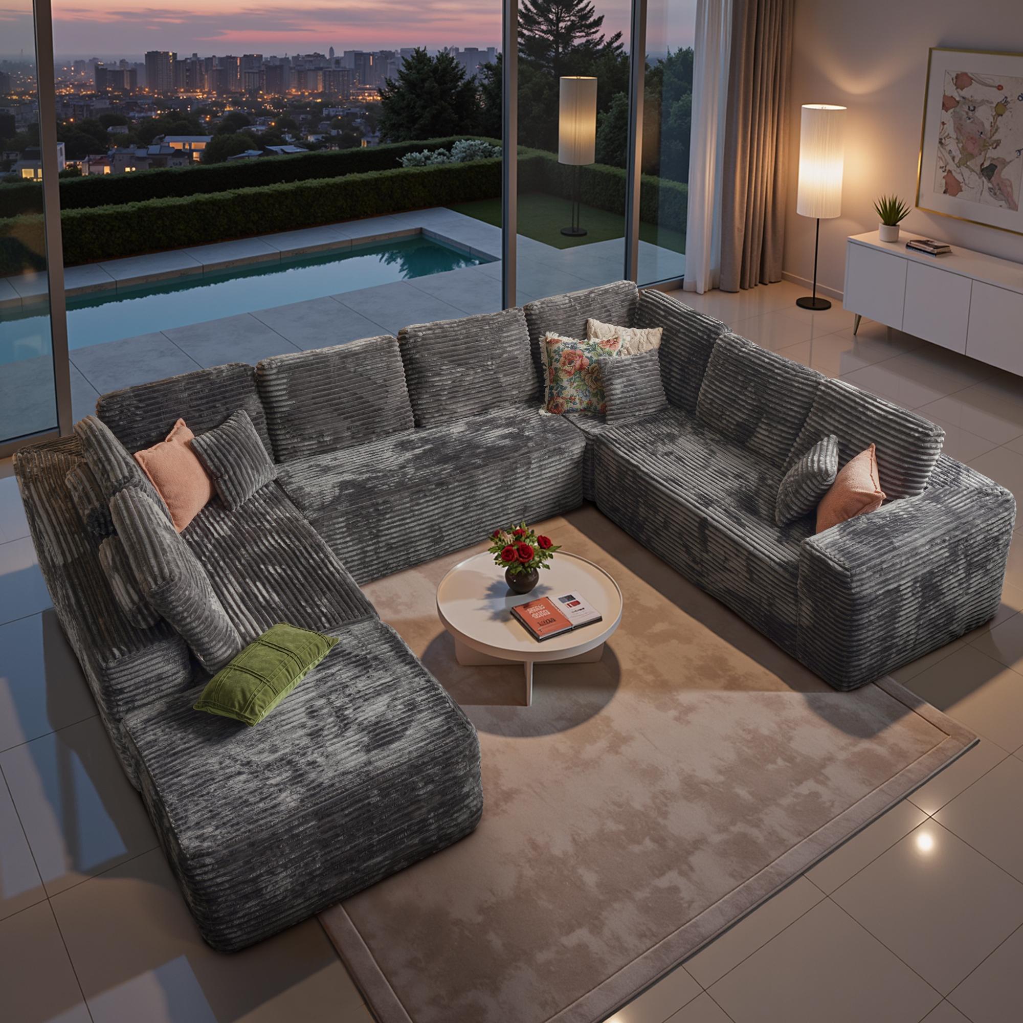 OOSWIFT 135" Boneless Modular Sectional Sofa - High-Density Foam & Pocket Spring, Plush Corduroy CloudCouch with Deep Seat, Ultra-Soft Pet & Kid FriendlyThickened Cushion for Large Living Room Family Lounge,Ideal for Working Reading Relaxing