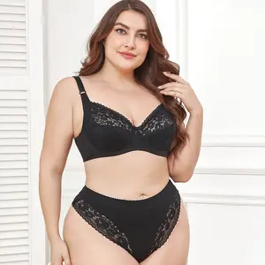 Plus Size Lace Bra Set for Women Sexy Thin Cup Underwear Lightweight Mid-Low Waist Thong