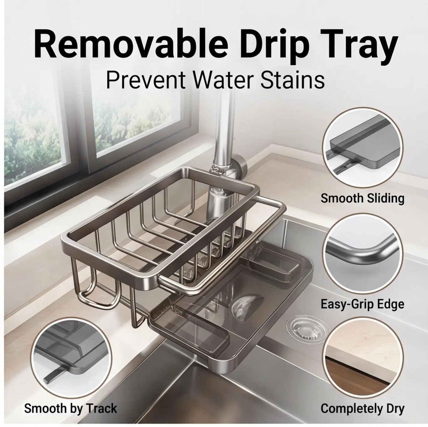 1-Layer Stainless Steel Clamp-On Faucet Sink Caddy Organizer, No-Drill Sink Rack With Removable Drip Tray & Side Hooks, Durable Kitchen Sink Storage For Dish Soap, Scrubber & Cleaning Supplies multifunctional