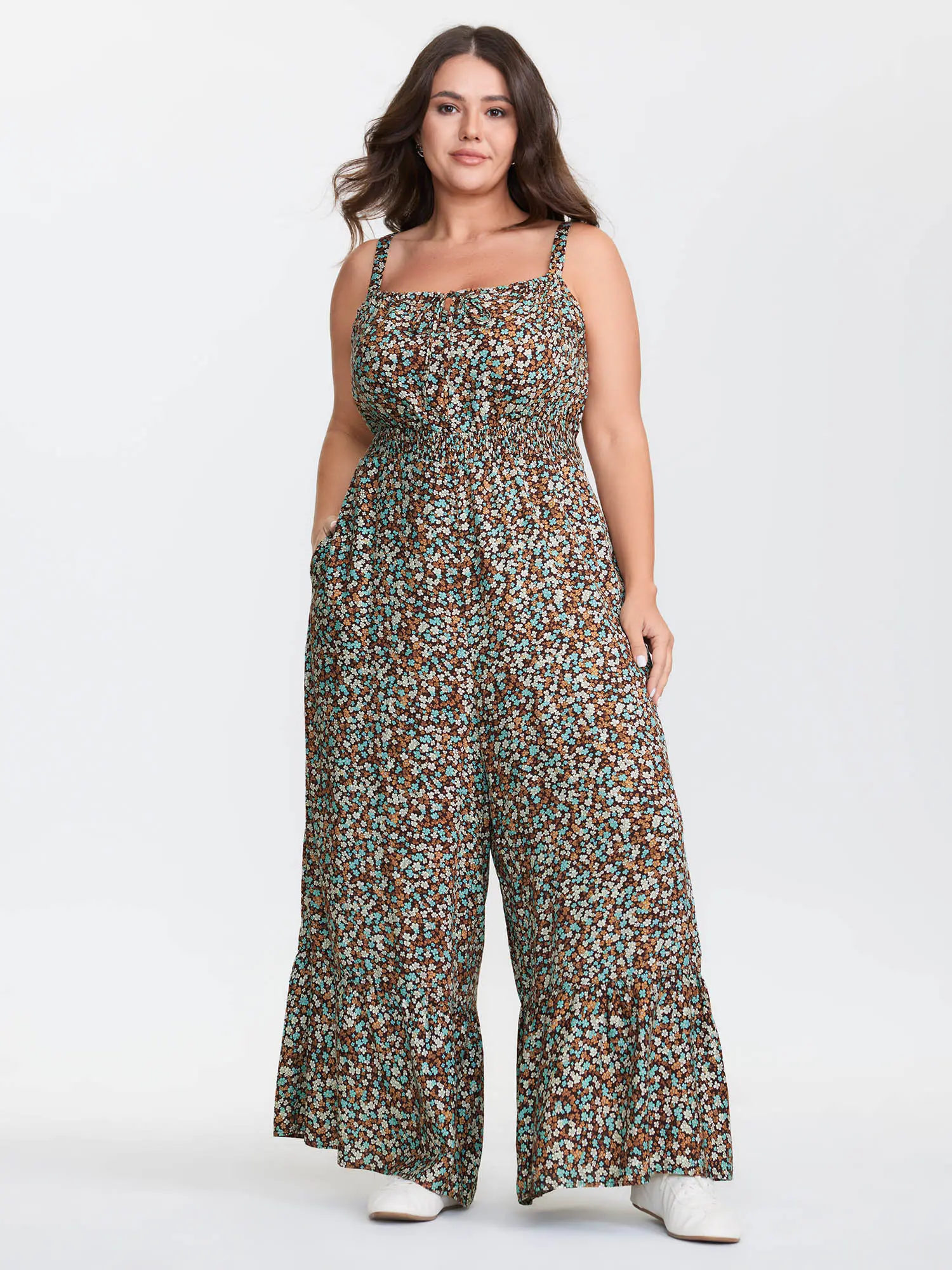 BLOOMCHIC Women's Plus Size Rayon Overalls Garment - Supersoft Smooth Fabric, Micro-Floral Print, Ruffled, Fitted, Long Sleeve & Sleeveless Cut Keeps Cool, Patch Pocket, M-6X, Casual, Low Iron, Cold Wash, No Tumble Dry, Full Length