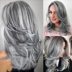 Premium Synthetic Silver Gray Ombre Wig – Layered Curly Wig for Natural Volume & Gray Coverage fiber hairstyle heat resistant