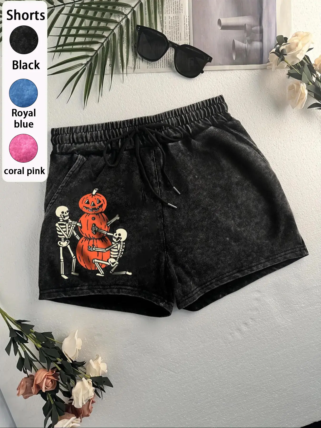 Women's Skeleton & Pumpkin Print Shorts, Casual Comfy Shorts for Daily Wear, Ladies Bottoms for Summer, Casual Street Shorts, Graphic Shorts