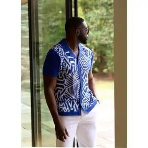 Degan Men's African Print Knit Shirt (White Cobalt Tribal)