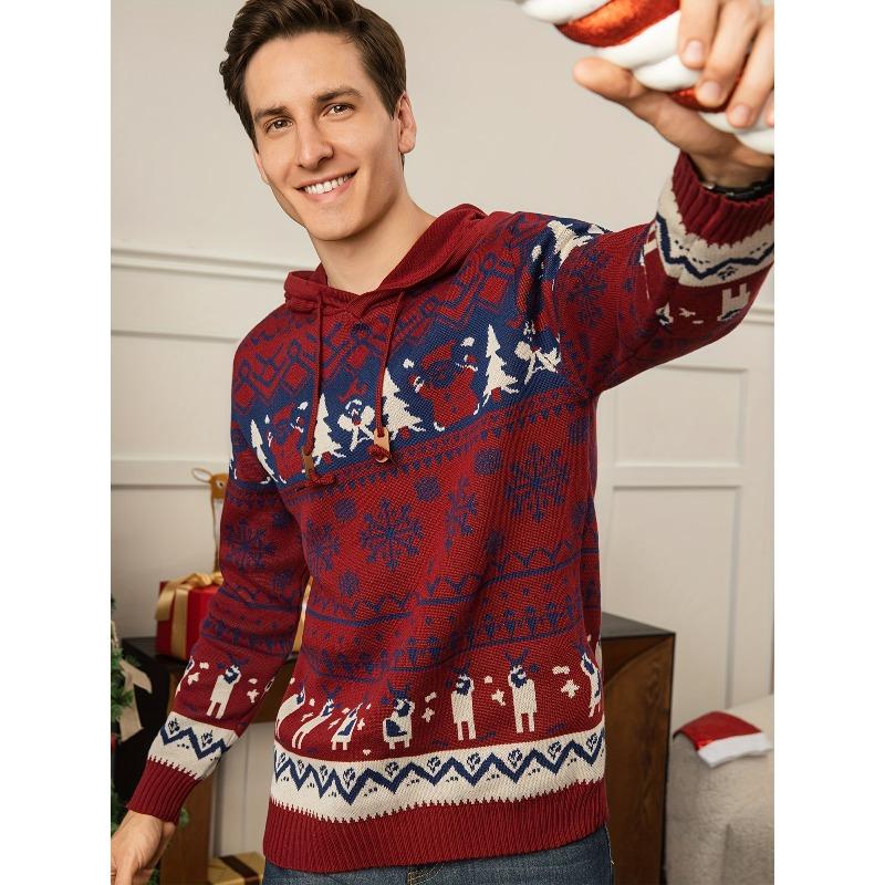 Men's Christmas Hooded Sweater with Snowflake & Reindeer Pattern Warm Knit Pullover for Holiday & Winter Wear Green & Red Menswear Festive Crewneck Long Sleeve Top - Casual