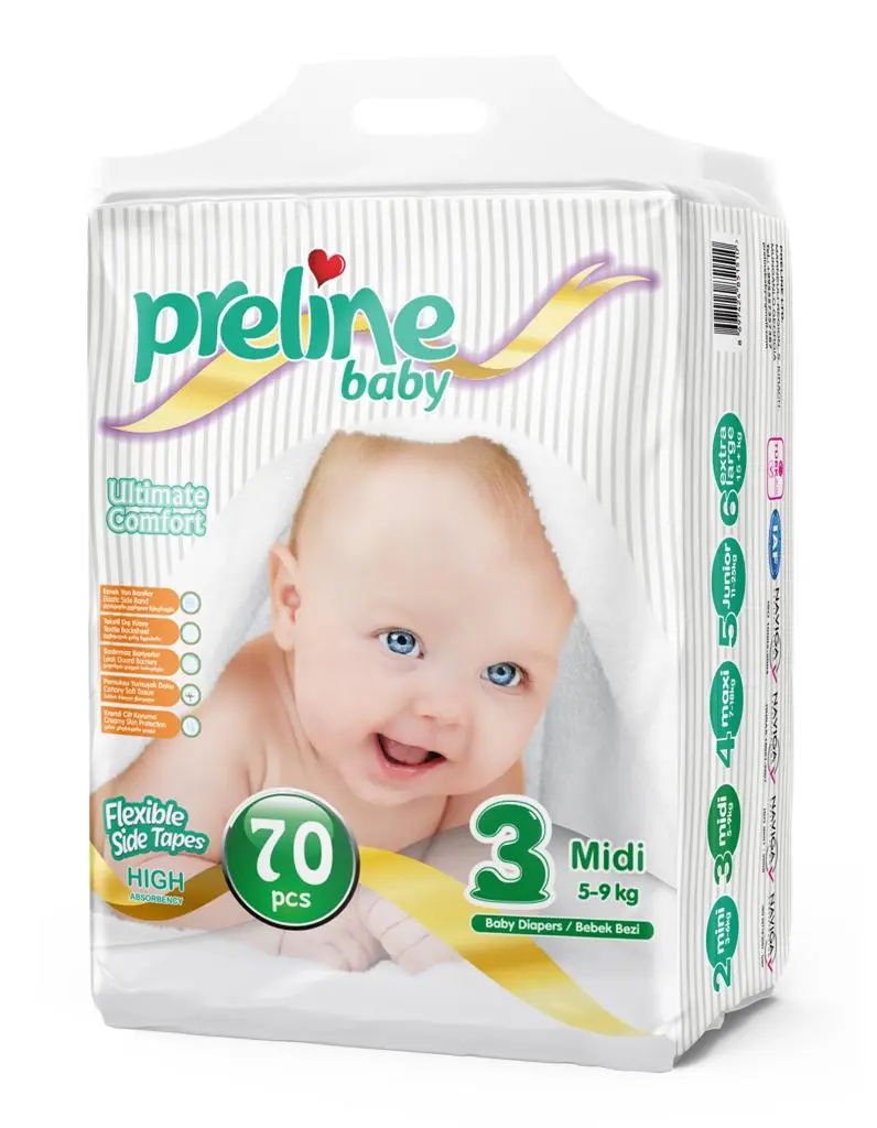 (11-20 lbs) Preline Baby Diapers Size 3 Midi, 70 Pieces, Runs small, Check Weight