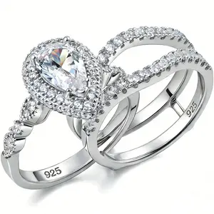 Newshe Jewellery 5A Cz Wedding Bridal Band Ring Enhancer 925 Sterling Silver Engagement Ring Set for Women PearAnniversary Size 4-13