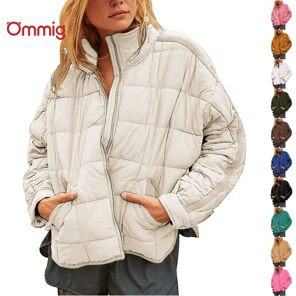 Ommig Women's Minimalist Puffer Jacket, Oversized Long Sleeve Quilted Shacket, Lightweight Solid Color Padded Coat with Pockets, Loose
