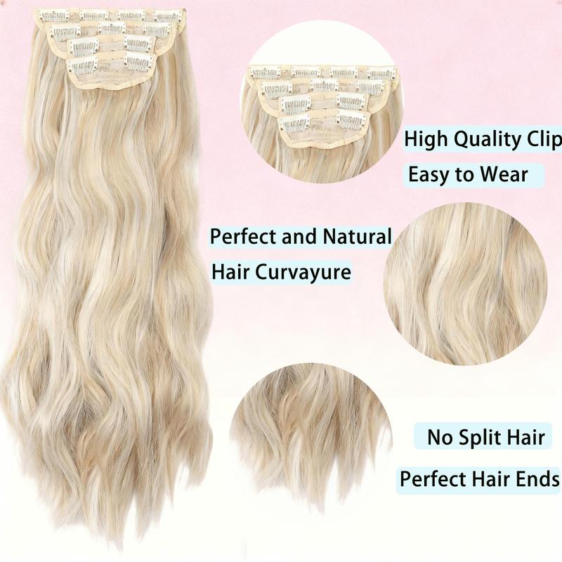 Clip in Synthetic Hair Extensions Long Wavy 4PCS Thick Hairpieces Blonde Mixed Bleach Blonde Fiber Double Weft Natural Hair Extensions 20 Inch for Women instant volume