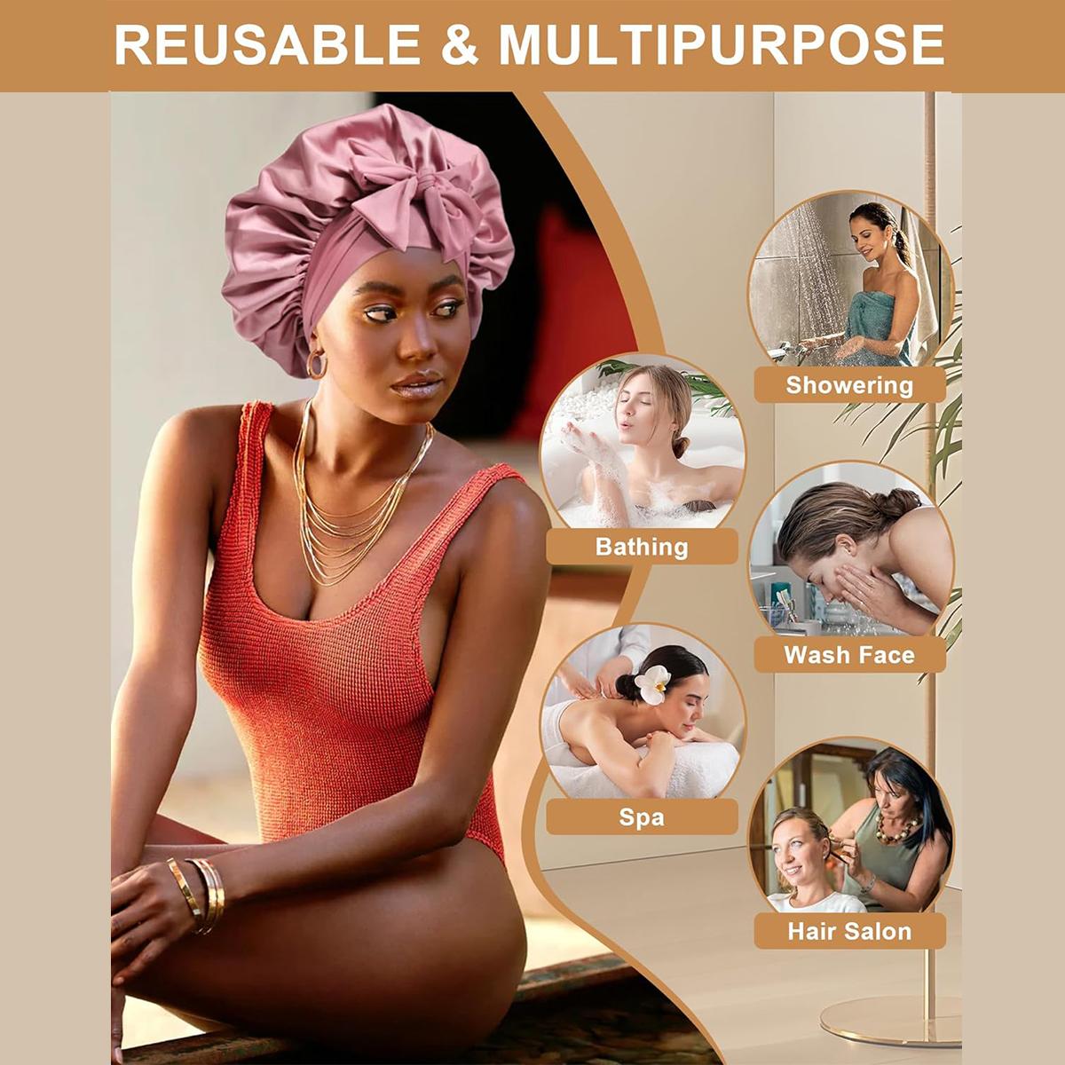 Large Double Layer Solid Satin Bonnets Silk Like Texture for Sleeping Cap with Elastic Band Reversible for Curly Hair Bonnets Gifts for Women