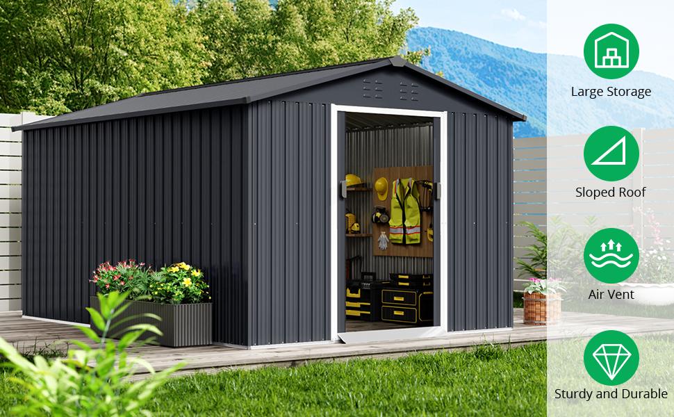 【GARVEE】10' x 8' Metal Storage Shed with Lockable Doors, Durable Steel Utility Tool Storage House for Outdoor Use in Garden, Backyard, Patio, Available in Grey and Brown